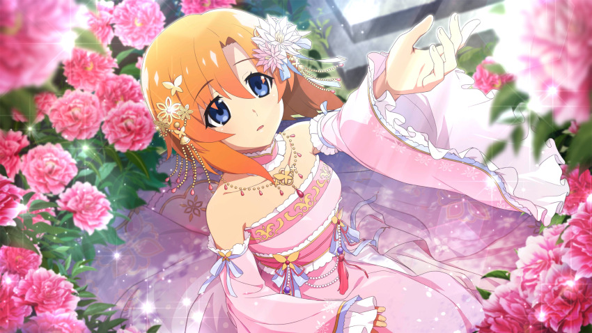 1girl bare_shoulders blue_eyes blurry bow butterfly_hair_ornament choker collarbone depth_of_field detached_sleeves dress dutch_angle flower frilled_dress frilled_sleeves frills game_cg glint hair_flower hair_ornament highres higurashi_no_naku_koro_ni higurashi_no_naku_koro_ni_mei jewelry long_dress looking_up necklace non-web_source official_art orange_hair parted_lips plant red_flower ribbon ryuuguu_rena short_hair solo standing strapless strapless_dress