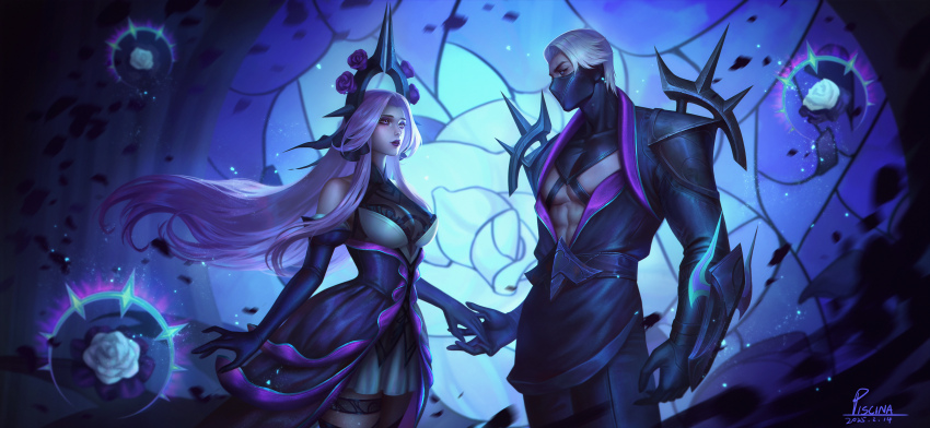 1boy 1girl abs absurdres black_gloves black_pants breasts dated elbow_gloves eye_contact gloves headpiece highres league_of_legends long_hair looking_at_another mask medium_breasts mouth_mask pants pectorals piscina syndra thigh_strap white_hair withered_rose_syndra zed_(league_of_legends)