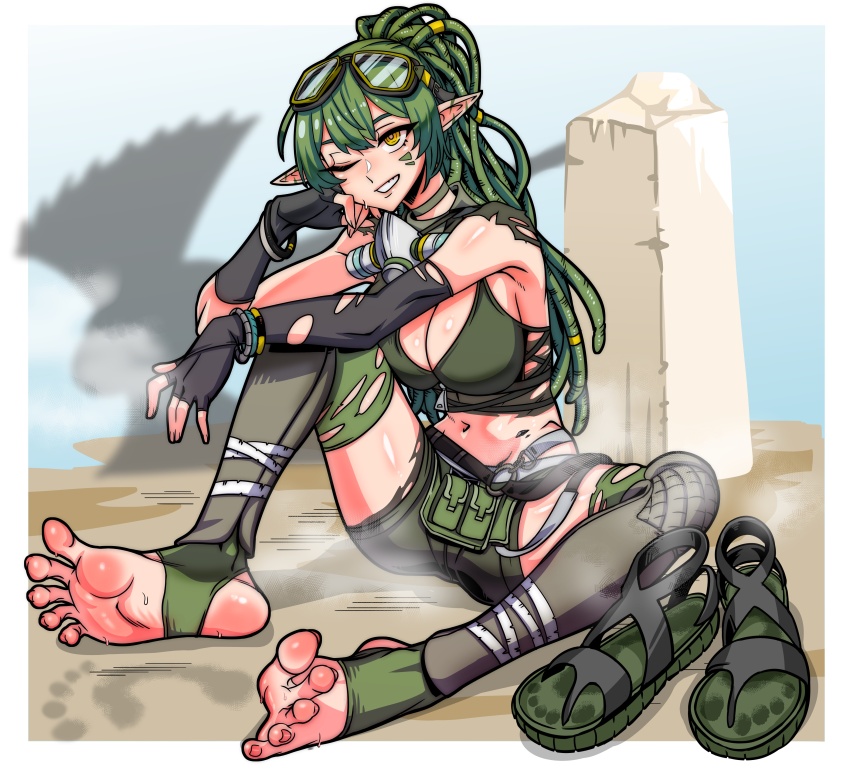 1girl absurdres arknights barefoot dreadlocks feet fingerless_gloves ga320aaa gavial_(arknights) gloves green_hair grin highres long_hair looking_at_viewer one_eye_closed pointy_ears shoes smell smile soles steam stirrup_legwear sweat toeless_legwear toes unworn_shoes yellow_eyes