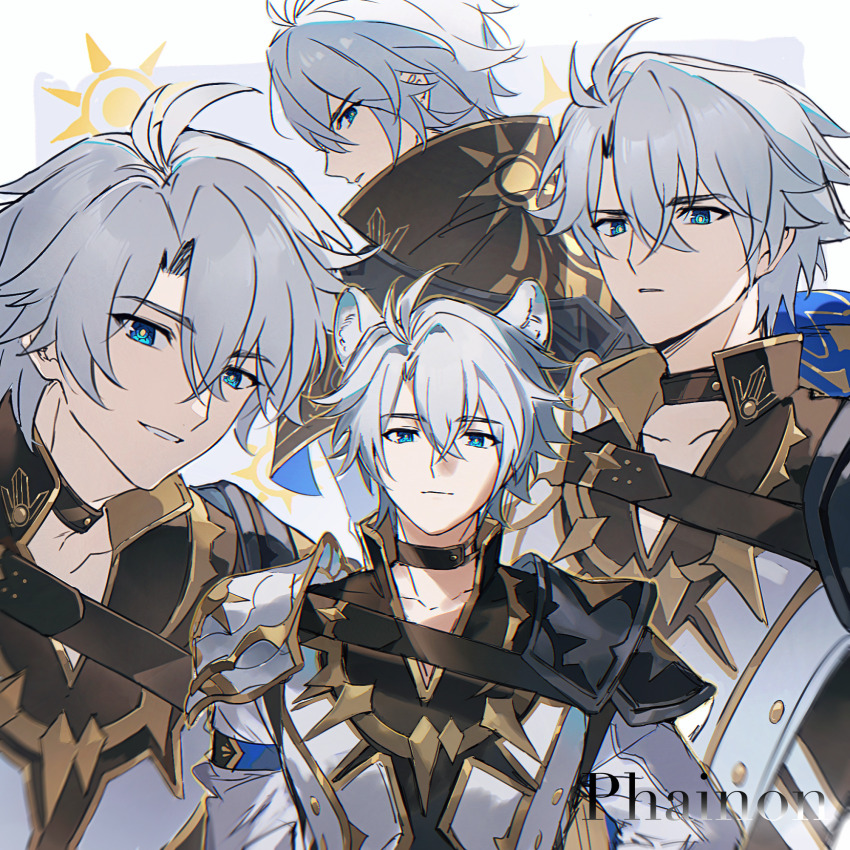 1boy animal_ears black_choker blue_eyes character_name choker commentary_request hair_between_eyes highres honkai:_star_rail honkai_(series) kemonomimi_mode long_sleeves male_focus multiple_views osamu18568716 phainon_(honkai:_star_rail) popped_collar short_hair simple_background smile sun white_background white_hair yellow_pupils