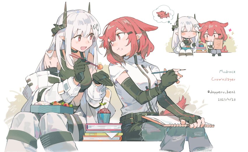 2girls absurdres animal_ears arknights bento black_gloves black_shirt black_sports_bra book book_stack character_name chibi chinese_commentary closed_eyes commentary_request cowboy_shot crownslayer_(arknights) dated dopperu_ben elbow_gloves extra_ears fingerless_gloves food food_on_face gloves grey_pantyhose highres holding holding_pencil holding_sketchbook hyena_ears hyena_girl infection_monitor_(arknights) jacket long_hair mudrock_(arknights) mudrock_(elite_ii)_(arknights) multiple_girls off_shoulder pants pantyhose pencil pointy_ears red_eyes red_hair shaved_ice shirt short_hair short_sleeves simple_background sketchbook speech_bubble sports_bra thought_bubble twitter_username white_background white_hair white_jacket white_pants white_shirt