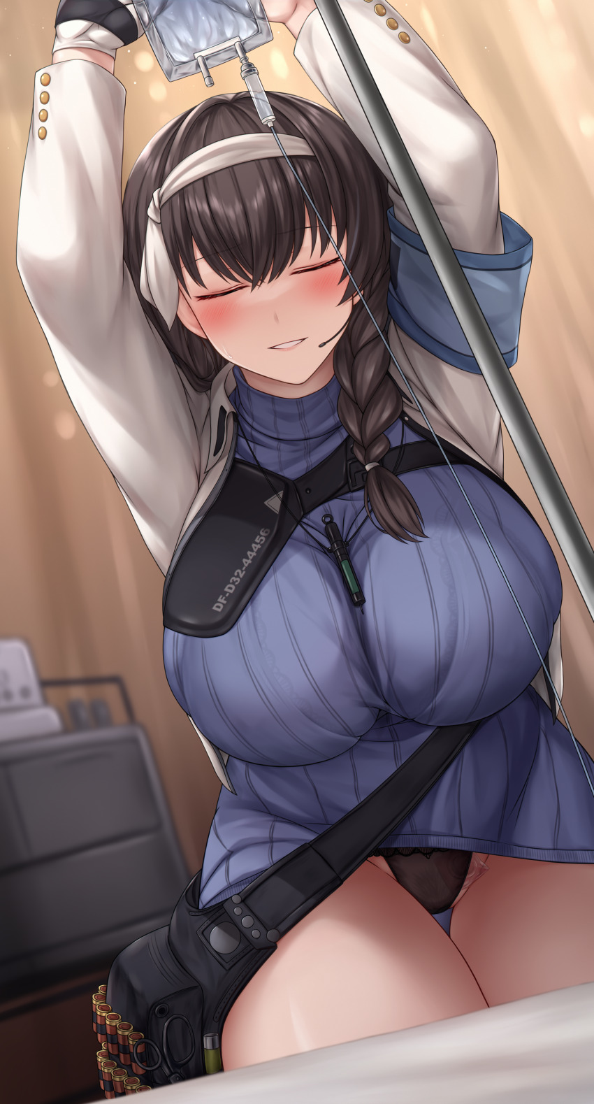 1girl absurdres ammunition armband arms_up bed blue_sweater blush bra bra_visible_through_clothes braid braided_ponytail breasts breath brown_hair chien_zero closed_eyes clothes_lift clothing_aside commentary condom condom_wrapper condom_wrapper_in_clothes cowboy_shot curtains curvy dutch_angle earpiece fanny_pack female_pubic_hair gloves goddess_of_victory:_nikke hair_over_shoulder hairband highres infirmary intravenous_drip jacket jewelry lace lace-trimmed_bra lace-trimmed_panties lace_trim large_breasts long_hair long_sleeves looking_at_viewer mary_(nikke) necklace open_clothes open_jacket panties parted_lips pubic_hair ribbed_sweater see-through_clothes see-through_panties smile solo stained_sheets standing sweatdrop sweater sweater_lift thick_thighs thigh_gap thighs turtleneck turtleneck_sweater underwear white_gloves white_hairband white_jacket