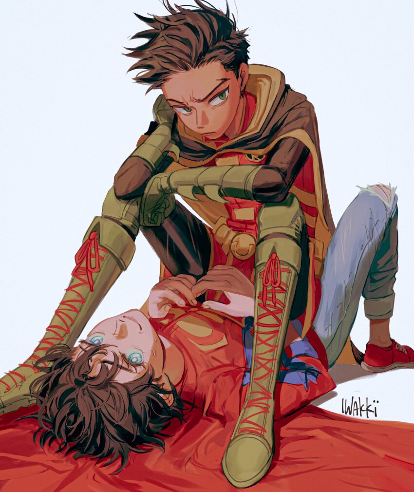 2boys absurdres batman_(series) black_hair blue_eyes boots boy_on_top cape child commentary damian_wayne dc_comics denim english_commentary friends gloves green_eyes green_footwear green_gloves highres iwakki jeans jonathan_kent looking_at_viewer male_focus multiple_boys pants red_footwear robin_(dc) simple_background sitting sitting_on_person super_sons superboy superman_(series) sweat torn_clothes torn_jeans torn_pants white_background