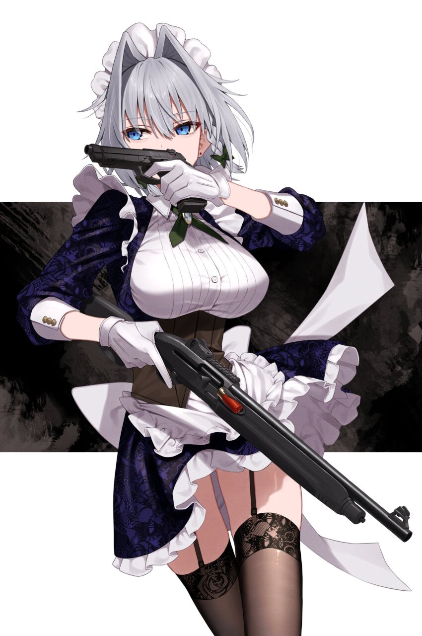1girl blue_dress blue_eyes breasts cowboy_shot dress dual_wielding garter_straps greenkohgen grey_hair gun highres holding holding_gun holding_weapon izayoi_sakuya lace lace_thighhighs large_breasts rifle solo thighhighs touhou weapon white_background