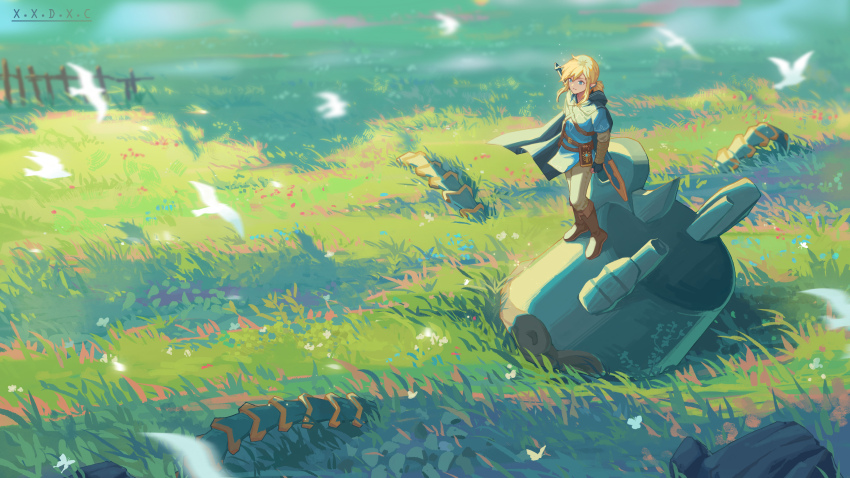 absurdres bird blue_eyes blue_tunic boots fence grass guardian_(zelda) highres leather leather_boots light_brown_hair link meadow nature nintendo ponytail scenery short_ponytail sidelocks sword sword_on_back the_legend_of_zelda the_legend_of_zelda:_breath_of_the_wild tunic weapon weapon_on_back white_bird wide_shot x.x.d.x.c