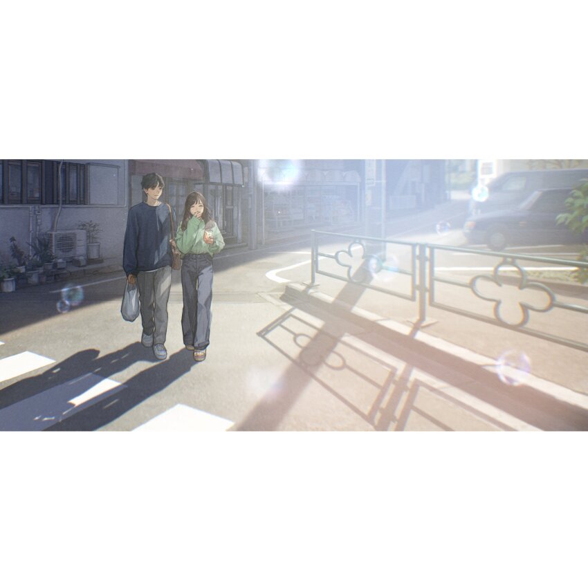 1boy 1girl ^_^ absurdres bag black_hair blue_shirt brown_hair can closed_eyes commentary_request condenser_unit couple cover cover_page crosswalk day denim green_shirt grey_pants grin hand_to_own_mouth highres holding holding_bag holding_can jeans letterboxed long_sleeves novel_cover original outdoors pants plant plastic_bag potted_plant sandals shadow shirt shoes shoulder_bag smile sneakers sunlight utaka_(anyoanyot) utility_pole white_shoes wide_shot