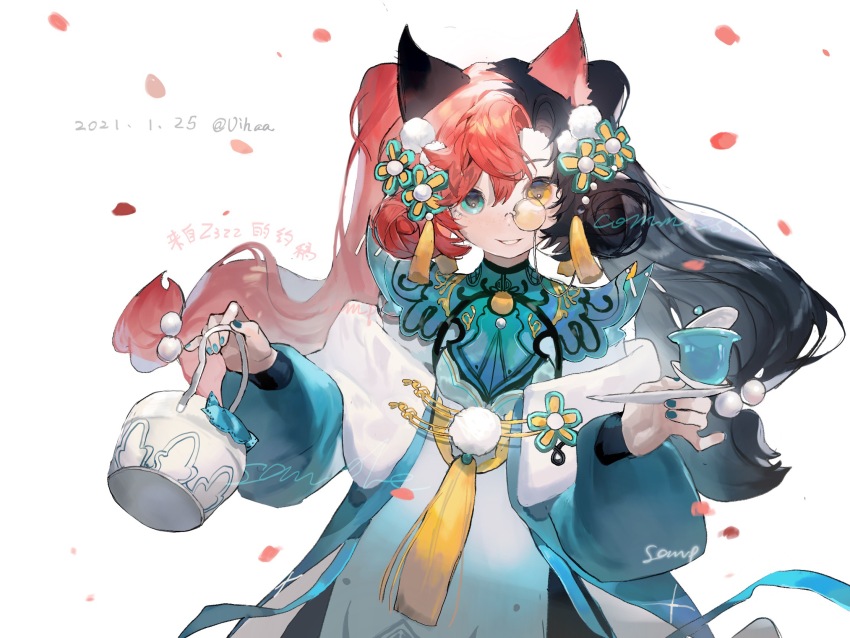 1girl animal_ears aqua_eyes basket black_hair cat_ears cat_girl chinese_commentary commentary_request dated dress hair_between_eyes heterochromia highres holding holding_basket holding_plate long_sleeves looking_at_viewer monocle monocle_chain multicolored_hair original petals plate pom_pom_(clothes) puffy_long_sleeves puffy_sleeves red_hair sample_watermark smile solo split-color_hair tassel tinted_eyewear twintails two-tone_hair upper_body vihua6 watermark white_background white_dress yellow-tinted_eyewear yellow_eyes