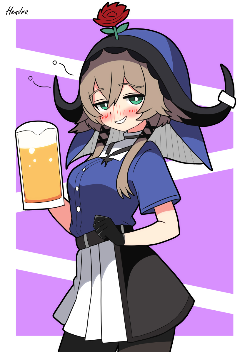 1girl absurdres alcohol arknights artist_name beer beer_mug black_gloves black_pantyhose blue_hood blue_shirt blush breasts bright_pupils brown_hair commentary cup detached_hood drunk flower gloves green_eyes grin hair_flower hair_ornament hendra highres holding holding_cup looking_at_viewer medium_breasts mug pallas_(arknights) pantyhose parted_lips purple_background red_flower shirt short_hair short_sleeves simple_background skirt smile solo white_pupils