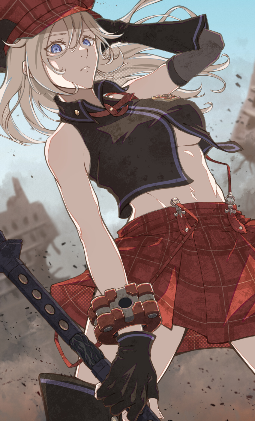 1girl absurdres alisa_ilinichina_amiella arm_up arm_warmers asymmetrical_gloves bare_shoulders black_boots black_vest blue_eyes blue_sky boots bracer breasts newsboy_cap closed_mouth collared_vest commentary cowboy_shot crop_top day elbow_gloves fingerless_gloves frown gloves god_eater god_eater_burst grey_hair groin hair_between_eyes hat highres holding holding_sword holding_weapon large_breasts long_hair looking_at_viewer navel neck_ribbon outdoors partially_unbuttoned plaid_clothes plaid_skirt pleated_skirt red_hat red_ribbon red_skirt ribbon sidelocks single_arm_warmer single_elbow_glove skirt sky solo standing stomach suspender_skirt suspenders suspenders_slip sword thigh_boots underboob vest weapon yonabari_haru