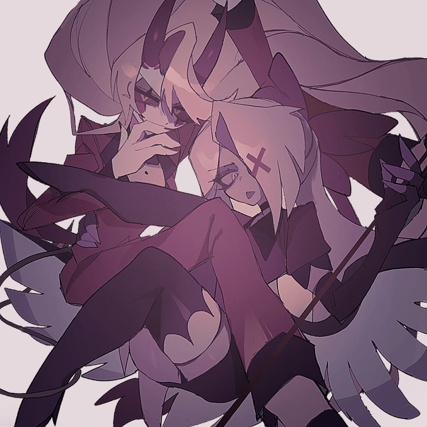 2girls angel angel_wings arm_around_waist charlie_morningstar circle_facial_mark colored_sclera colored_skin couple demon_girl demon_horns demon_tail formal_clothes grey_skin hair_over_one_eye hazbin_hotel holding holding_polearm holding_weapon horns long_hair looking_at_viewer multiple_girls pink_sclera polearm red_horns red_sclera red_suit spear suit tail tail_wrap thighhighs toma_01415 tongue tongue_out vaggie very_long_hair weapon wings yuri