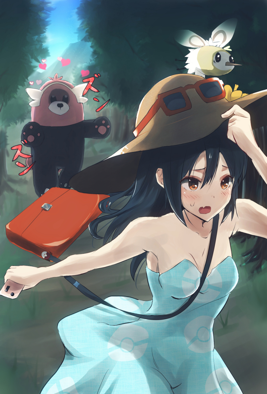 1girl bad_id bad_pixiv_id bag bear bewear black_hair blue_dress blue_sky blush breasts cellphone chasing cleavage collarbone cutiefly day dress fang fleeing flower forest gen_7_pokemon hair_between_eyes hand_on_headwear handbag hat hat_flower heart hibiscus highres holding holding_phone long_hair mountain nature neronero0061 nintendo npc_trainer orange_eyes outdoors phone poke_ball_theme pokemon pokemon_(creature) pokemon_sm running sightseer_(pokemon) sky small_breasts smartphone strapless strapless_dress sunglasses sweat tree you_gonna_get_raped