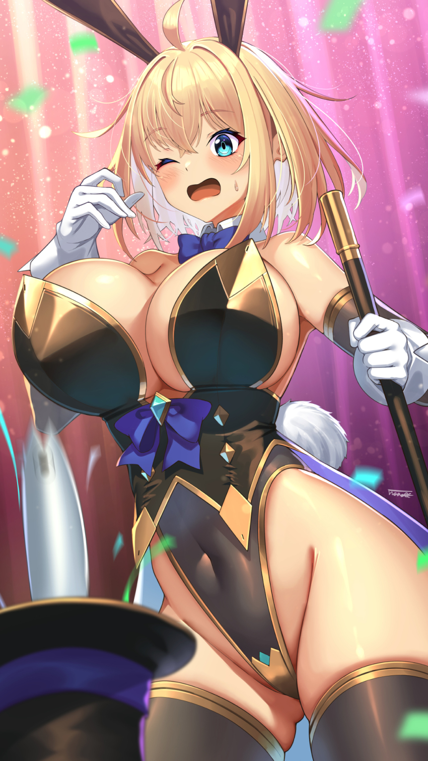 1girl animal_ears black_hat black_leotard black_thighhighs blonde_hair blue_eyes blurry blush breasts cleavage commentary_request confetti covered_navel fake_animal_ears fake_tail gluteal_fold hat highleg highleg_leotard highres holding holding_wand huge_breasts leotard one_eye_closed open_mouth original playboy_bunny rabbit_ears rabbit_tail short_hair skindentation solo sophia_f_shirring tail takamine_nadare thighhighs top_hat unworn_hat unworn_headwear wand