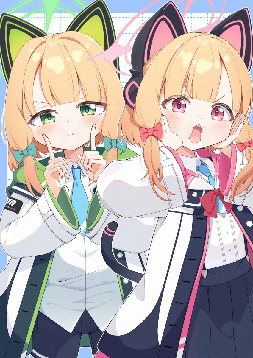 2girls animal_ear_headphones animal_ears black_shorts black_skirt blonde_hair blue_archive blue_necktie blush bow bowtie cat_ear_headphones cat_ears fake_animal_ears fake_tail green_eyes green_halo hair_bow halo hashtag-only_commentary headphones highres jacket long_sleeves looking_at_viewer mashi_stkt midori_(blue_archive) momoi_(blue_archive) multiple_girls necktie open_mouth pink_halo red_bow red_bowtie shirt short_hair shorts siblings sisters skirt tail twins white_jacket