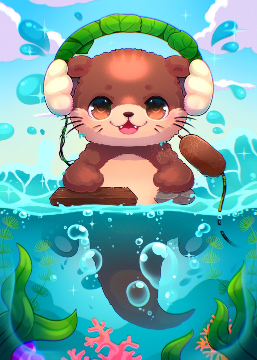 :d animal animal_focus brown_eyes bubble commentary commission coral english_commentary fangs headphones highres looking_at_viewer no_humans open_mouth original otter otzdarva plushunagi seaweed smile solo water whiskers