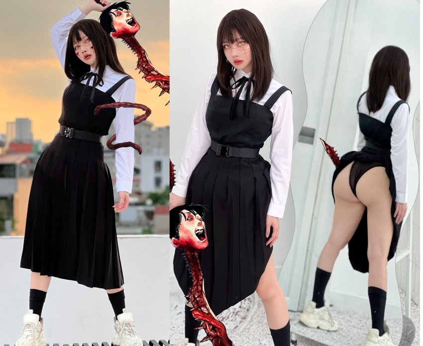 1girl absurdres ass brown_hair cosplay dress dress_shirt facepaint head highres jichoihere panties photo_(medium) real_life ribbon shirt shoes socks tanaka_(chainsaw_man) underwear yoru_(chainsaw_man)