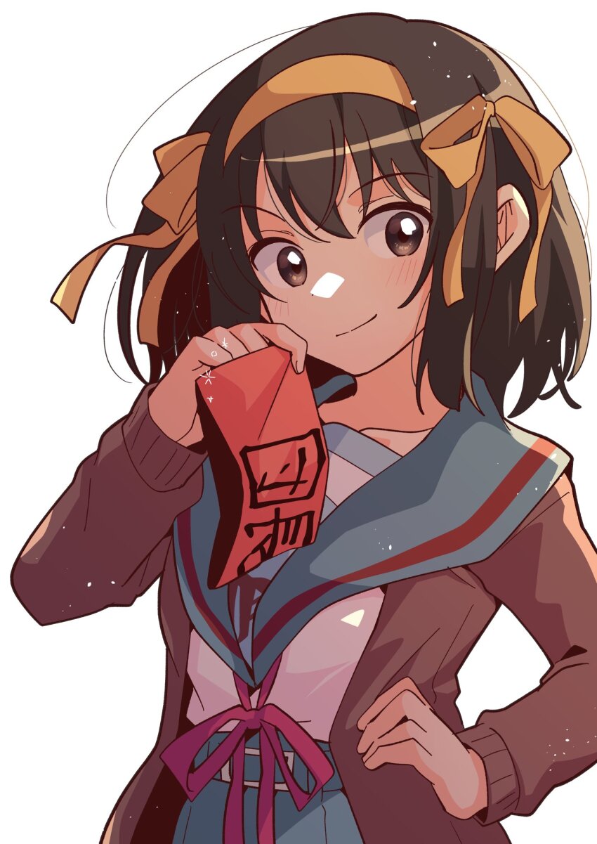 1girl armband blue_sailor_collar blue_skirt brown_cardigan brown_eyes brown_hair cardigan closed_mouth collarbone commentary_request hair_ribbon hairband hand_on_own_hip highres holding holding_armband holding_unworn_clothes kita_high_school_uniform long_sleeves medium_hair open_cardigan open_clothes pleated_skirt red_armband red_ribbon ribbon sailor_collar school_uniform serafuku simple_background skirt smile solo suzumiya_haruhi suzumiya_haruhi_no_yuuutsu taiki_(6240taiki) translation_request unworn_armband white_background winter_uniform yellow_hairband yellow_ribbon