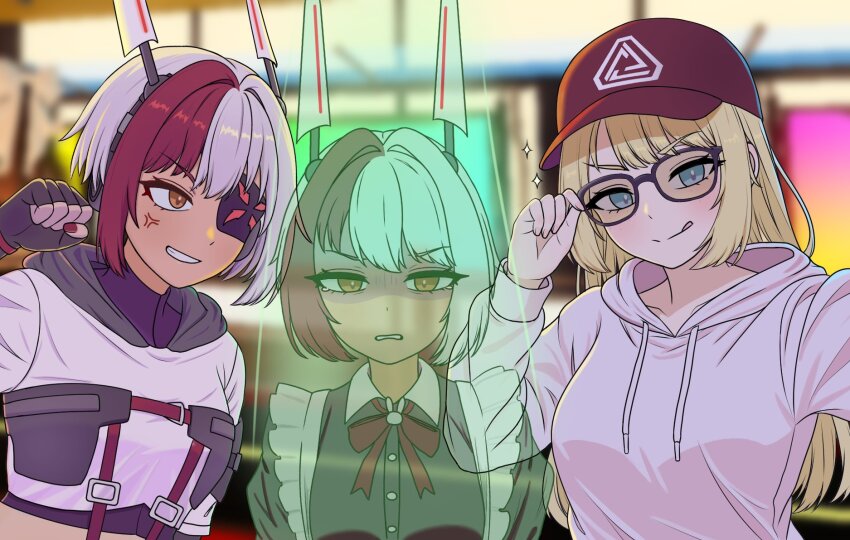 3girls :q adjusting_eyewear alternate_costume anger_vein apron baseball_cap black-framed_eyewear black_dress black_gloves blonde_hair blue_eyes blurry blurry_background bob_cut bow bowtie breasts clenched_hand clenched_teeth collared_dress commentary dark-skinned_female dark_skin dodoman0414 drawstring dress dual_persona engineer_(phantom)_(tower_defense_simulator) engineer_(tower_defense_simulator) english_commentary enmaided eyepatch fingerless_gloves fingernails foreshortening frilled_apron frills game_screenshot_background gloves grey_hood grin hacker_(tower_defense_simulator) hand_up hat headphones highres hologram hood hood_down hoodie large_breasts long_sleeves looking_at_another looking_at_viewer maid maid_apron medium_breasts multicolored_hair multiple_girls nail_polish official_alternate_costume official_alternate_hair_color official_alternate_hair_length official_alternate_hairstyle one_eye_covered orange_eyes pale_skin puffy_long_sleeves puffy_sleeves red_bow red_bowtie red_hair red_hat red_nails roblox screenshot_background selfie side-by-side smile sparkle straight_hair teeth tongue tongue_out tower_defense_simulator two-tone_hair upper_body v-shaped_eyebrows white_apron white_hair white_hoodie