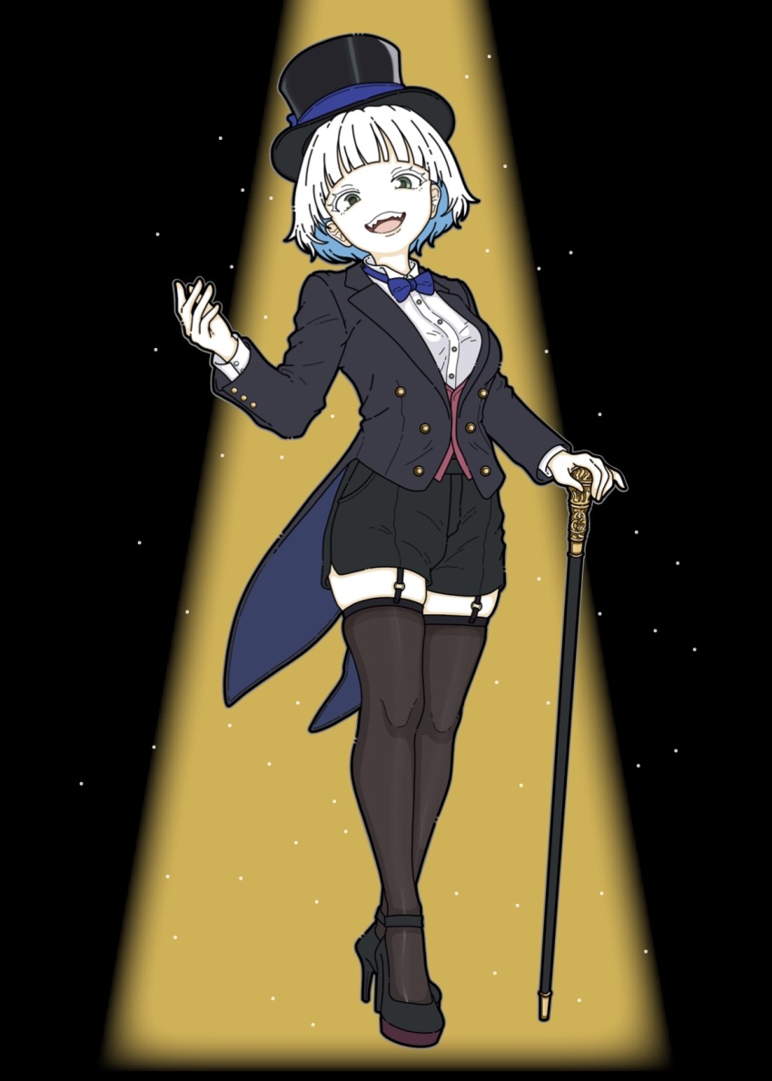 1girl black_hat black_jacket black_shoes black_shorts black_thighhighs blue_bow blue_bowtie bob_cut bow bowtie cane commentary hat high_heels highres jacket looking_at_viewer no_nose nonnki open_mouth original shirt shoes short_hair short_shorts shorts solo spotlight symbol-only_commentary teeth thigh_strap thighhighs top_hat upper_teeth_only white_hair white_shirt