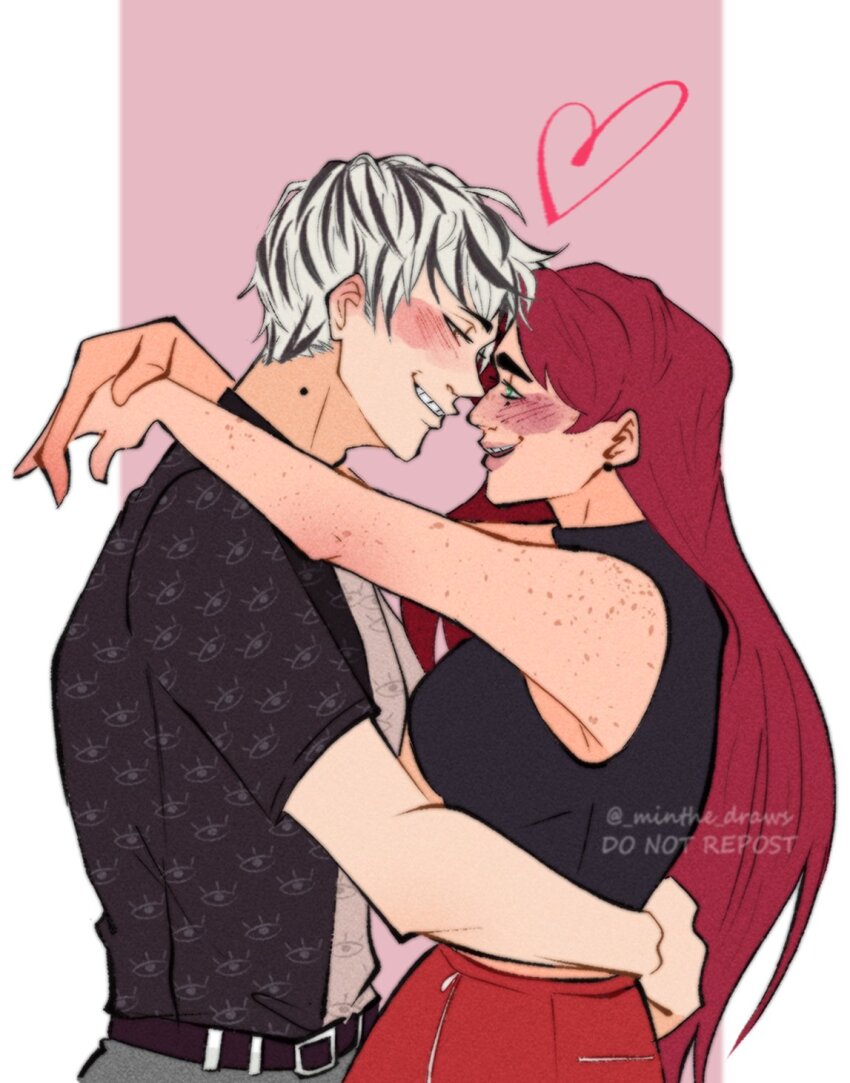 1boy 1girl arms_around_neck arms_around_waist baxter_ward belt black_hair black_shirt black_tank_top blush body_freckles border breasts brown_eyes eye_print freckles green_eyes grin heart highres hug long_hair looking_at_another main_character_(our_life) midriff_peek minthe_draws mole mole_on_neck multicolored_hair multicolored_shirt our_life:_beginnings_and_always outside_border pillarboxed pink_background red_hair red_skirt shirt skirt smile tank_top upper_body very_long_hair white_border white_hair white_shirt