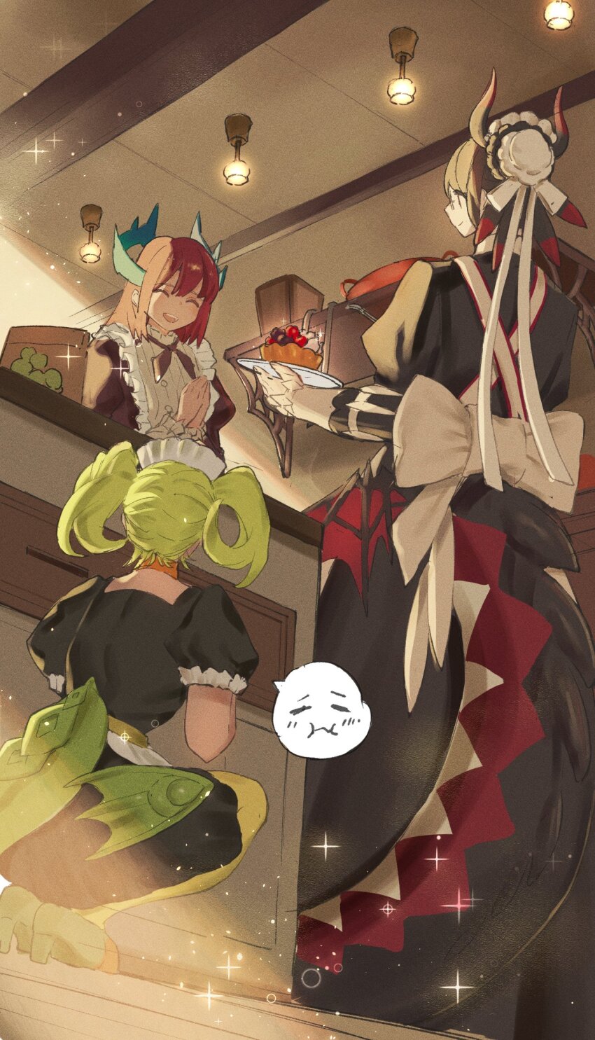 3girls apron black_dress black_hair black_tail black_wings commentary_request dougaku_(passionpit777) dragon_girl dragon_horns dragon_tail dragon_wings dress duel_monster eating food green_hair green_tail green_wings group_picture hair_bun highres holding holding_tray horns house_dragonmaid indoors kitchen_dragonmaid long_hair low_wings maid maid_headdress multiple_girls parlor_dragonmaid red_hair red_tail red_wings speech_bubble spoken_expression squatting tail tray twintails wings yu-gi-oh!