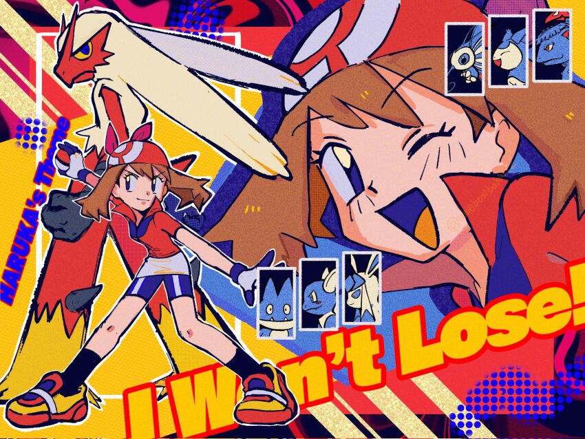 1girl ;d bandana beautifly blaziken brown_hair closed_mouth corrupted_twitter_file english_text eyelashes gen_1_pokemon gen_3_pokemon gen_4_pokemon glaceon gloves highres holding holding_poke_ball may_(pokemon) multiple_views munchlax nintendo one_eye_closed open_mouth poke_ball poke_ball_(basic) pokemon pokemon_(anime) pokemon_(creature) pokemon_rse_(anime) red_bandana red_shirt shirt shoes short_hair shorts skitty smile twitter_username umebosibakari2 venusaur wartortle