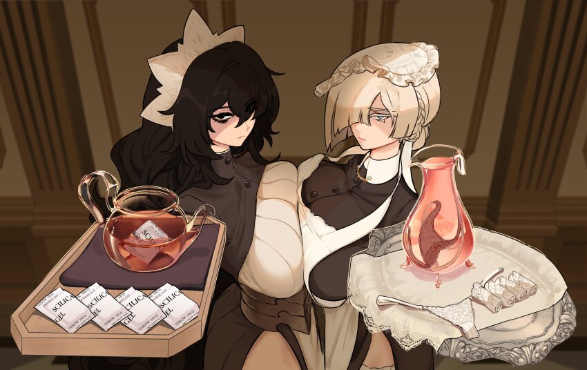2girls absurdres black_eyes black_hair black_shirt blonde_hair blue_eyes braid breast_press breasts buttons carafe centurii-chan commentary corset crown_braid diagonal_bangs english_commentary foreshortening frown glass_teapot half-closed_eyes highres hip_vent holding holding_tray huge_breasts indoors lace lace_panties long_hair looking_at_viewer maid maid_headdress multiple_girls original panties shirt silica_gel_packet symmetrical_docking teapot thighs thong tray underwear unworn_panties upper_body white_panties