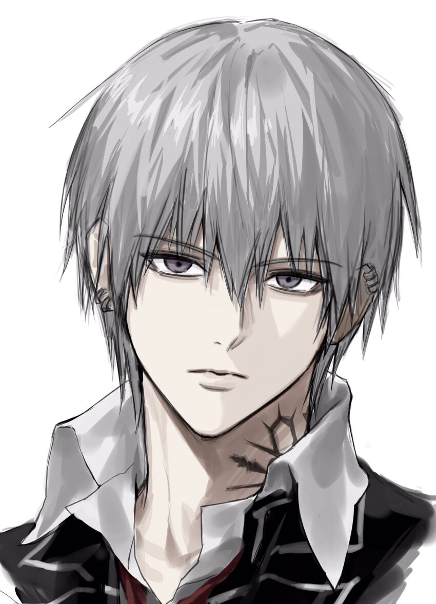 1boy ear_piercing highres kiryuu_zero lips male_focus neck_tattoo pale_skin piercing school_uniform solo sso_s tattoo vampire_knight white_background white_hair