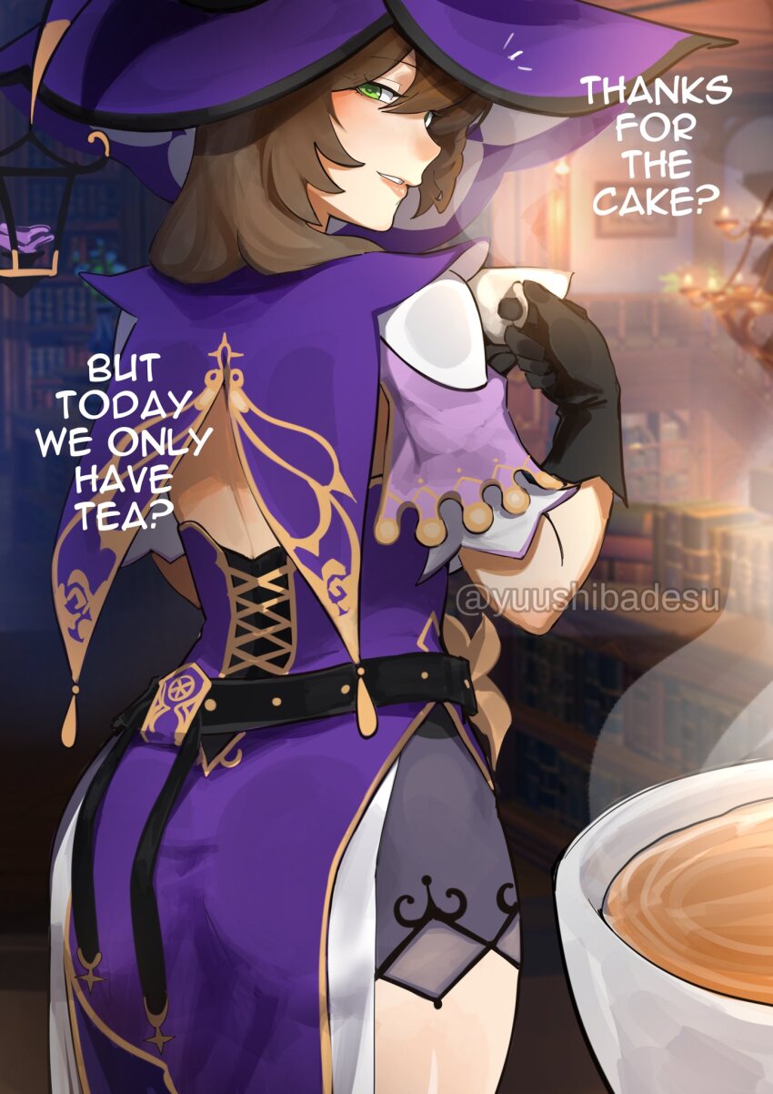 1girl backless_dress backless_outfit black_gloves breasts brown_hair capelet commentary cup dress english_commentary english_text genshin_impact gloves green_eyes hair_between_eyes hat highres holding holding_cup large_breasts lisa_(genshin_impact) long_hair looking_at_viewer smile steaming_cup tea teacup twitter_username watermark witch_hat yuushiba