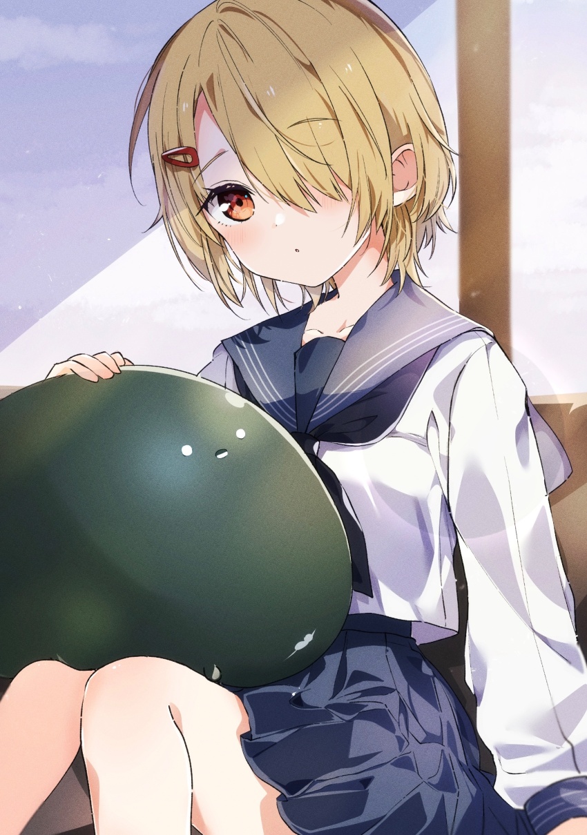 blonde_hair hair_ornament hair_over_one_eye heaven_burns_red highres holding k_i49 kayamori_ruka long_sleeves narvy_(heaven_burns_red) one_eye_covered red_eyes sailor_collar school_uniform short_hair sitting skirt