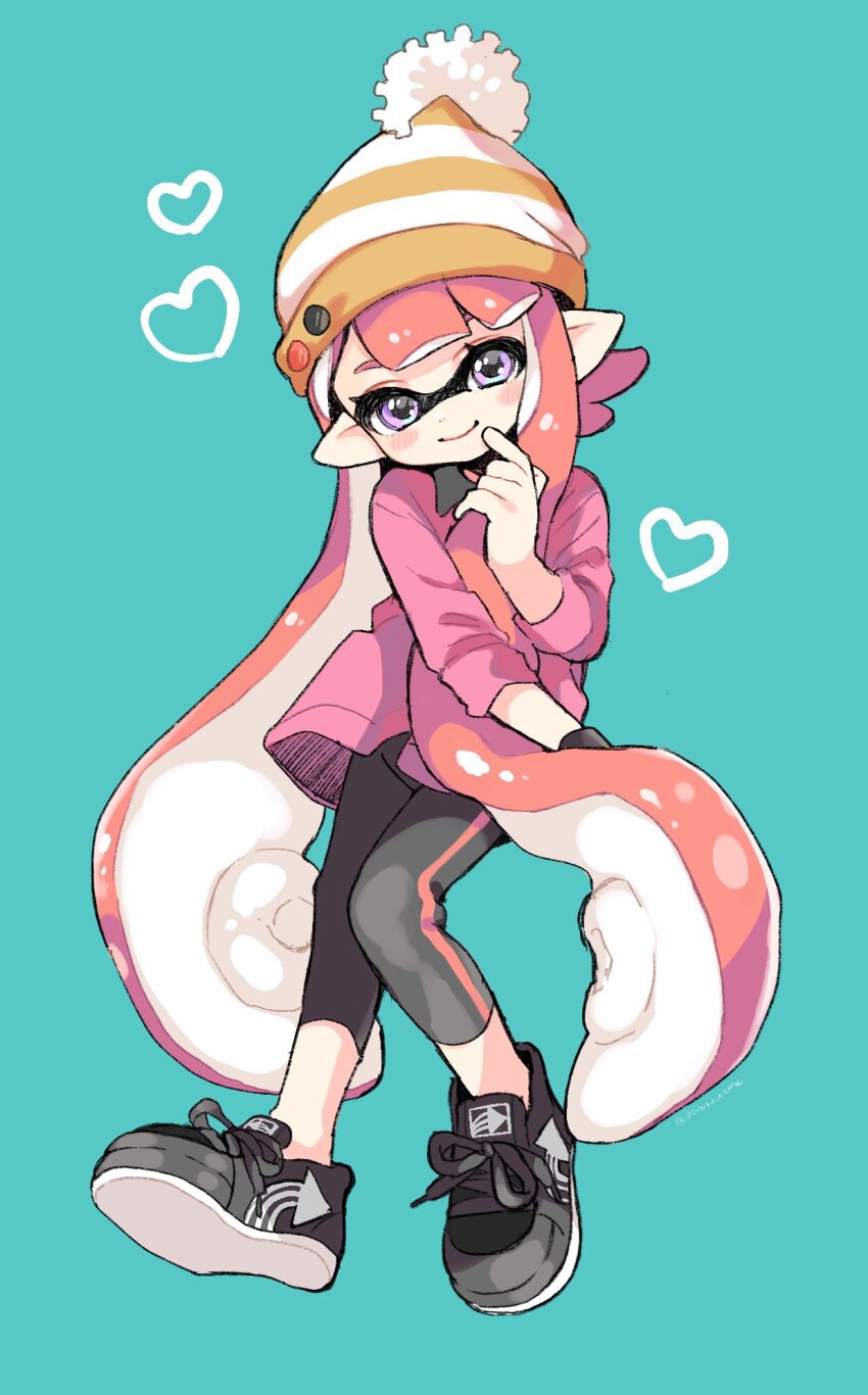 1girl amezawa_koma beanie black_leggings black_shoes blue_background closed_mouth commentary_request dot_nose full_body hat highres holding holding_own_hair inkling inkling_girl inkling_player_character leggings long_hair long_sleeves looking_at_viewer multicolored_hair nintendo orange_hair pink_hair pink_shirt pointy_ears pom_pom_(clothes) pom_pom_beanie purple_eyes shirt shoes smile sneakers solo splatoon_(series) standing striped_clothes striped_headwear tentacle_hair twintails two-tone_hair very_long_hair white_hat yellow_hat