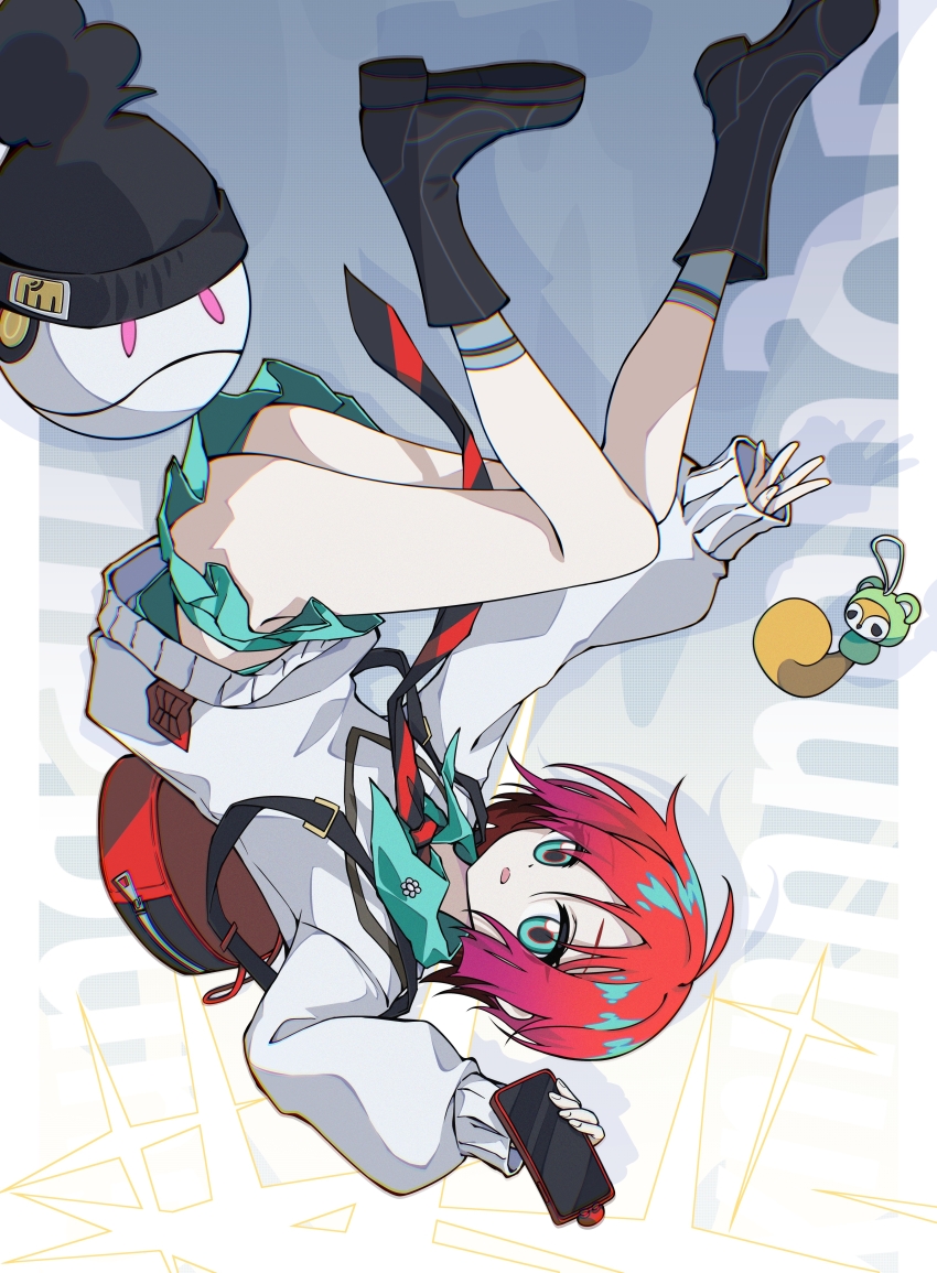 1girl absurdres amate_yuzuriha ass backpack bag beanie black_hat black_necktie black_shoes chinese_commentary commentary_request green_eyes green_skirt grey_socks gundam gundam_gquuuuuux haro hat highres holding holding_phone long_sleeves necktie phone pink_eyes puffy_sleeves red_bag red_hair red_necktie robot shoes skirt socks solo striped_necktie sweater toy two-tone_necktie upside-down white_sweater xinjinjumin447959113565