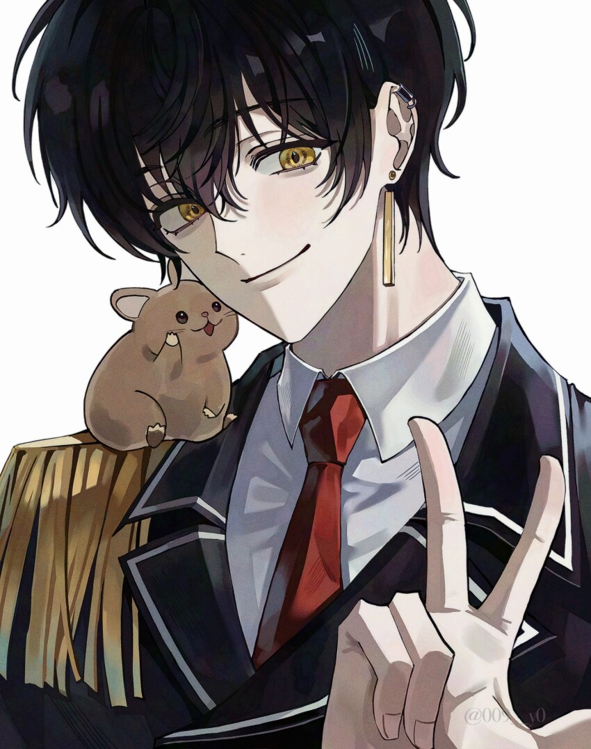 1boy 1other ba_y0 black_hair black_suit closed_mouth copyright_request ear_piercing earrings formal_clothes hair_between_eyes hamster highres jewelry light_smile looking_at_viewer male_focus military_uniform necktie piercing red_necktie shirt short_hair signature simple_background suit upper_body white_background white_shirt yellow_eyes