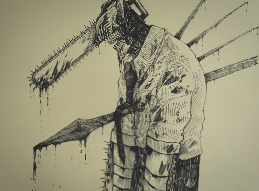 1boy black_necktie blood blood_on_clothes blood_on_hands bloody_weapon chainsaw_man collared_shirt denji_(chainsaw_man) epeulu_(ate5424) facing_to_the_side hatching_(texture) impaled linear_hatching male_focus monochrome necktie open_mouth sharp_teeth shirt simple_background sleeves_rolled_up solo teeth traditional_media weapon