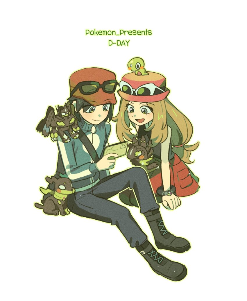 1boy 1brad 1girl blue_jacket boots bracelet calem_(pokemon) closed_mouth commentary_request eyewear_on_headwear gen_6_pokemon grey_eyes hat highres holding holding_phone jacket jewelry korean_commentary legendary_pokemon long_hair looking_down nintendo on_head pants phone pink_hat pokemon pokemon_(creature) pokemon_on_head pokemon_xy red_hat red_skirt serena_(pokemon) shirt sitting skirt sleeveless sleeveless_shirt smile sunglasses watching white-framed_eyewear zygarde zygarde_(10) zygarde_(50) zygarde_(complete) zygarde_cell