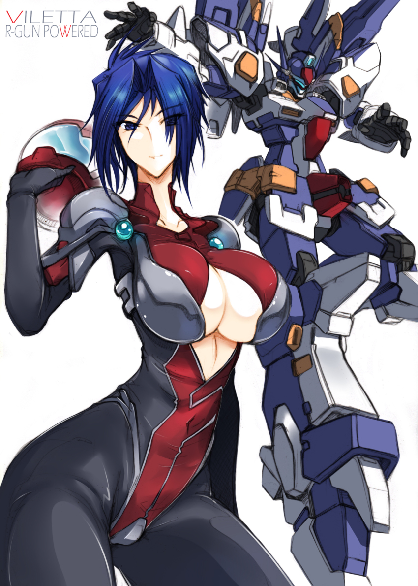 1girl black_gloves blue_eyes blue_hair bodysuit breasts center_opening character_name cleavage collarbone covered_navel eyes_visible_through_hair gloves haganef hair_over_one_eye helmet highres large_breasts looking_at_viewer mecha pilot_suit r-gun_powered robot short_hair simple_background smile super_robot_wars super_robot_wars_original_generation viletta_badam white_background