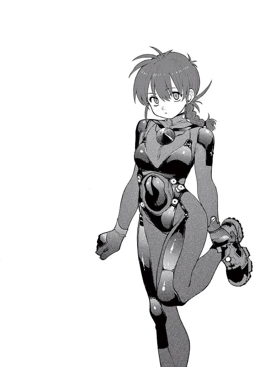 1girl adjusting_footwear black_bodysuit black_footwear bodysuit braid covered_navel empty_eyes full_body greyscale highres ichigaya_sumire legs looking_at_viewer monochrome non-web_source rai_rai_rai skin_tight solo thighs white_background yoshiaki_kei