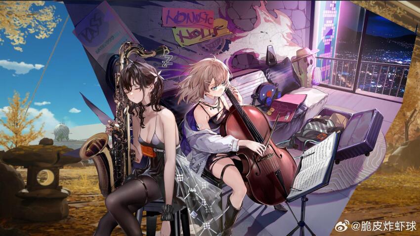 2girls aa-12_(girls&#039;_frontline) artist_request balcony bandage_on_face bandaged_arm bandages black_boots black_choker black_dress black_hair black_pantyhose blue_eyes boots brown_hair cello check_artist chinese_commentary choker cityscape closed_eyes couch cui_pi_zha_xia_qiu dress girls&#039;_frontline girls&#039;_frontline_neural_cloud glass_door graffiti hatsuchiri_(neural_cloud) highres holding holding_instrument instrument jacket jewelry lind_(neural_cloud) multiple_girls music_stand necklace night off_shoulder official_art on_couch pantyhose saxophone sheet_music sliding_doors thigh_strap torn_clothes watermark weibo_username weibo_watermark window