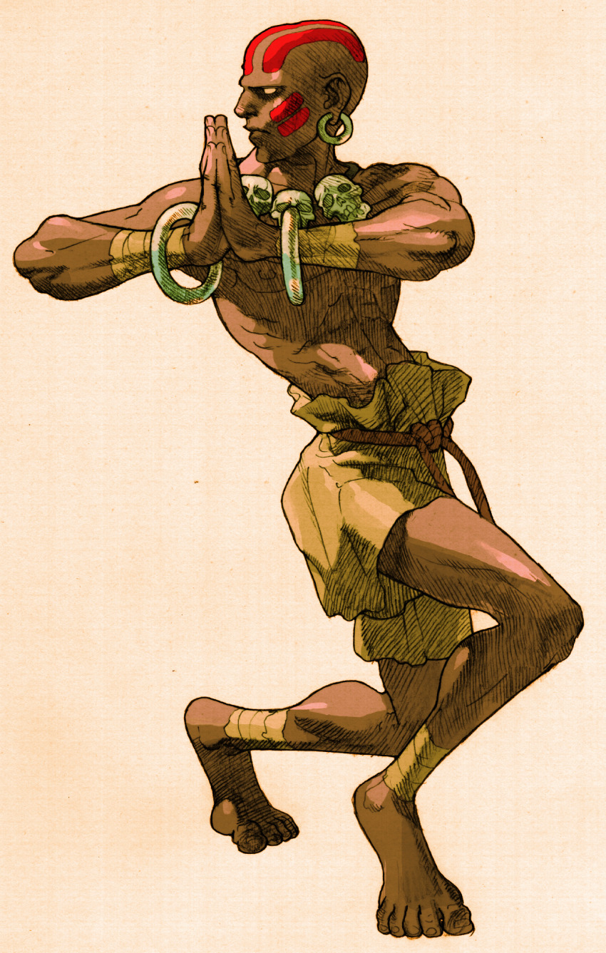 1boy bald barefoot bengus capcom dark_skin dhalsim earrings facepaint game_cg highres jewelry marvel marvel_vs._capcom marvel_vs._capcom_2 muscular necklace no_pupils non-web_source official_art own_hands_together scan skull_necklace solo street_fighter wrist_wrap