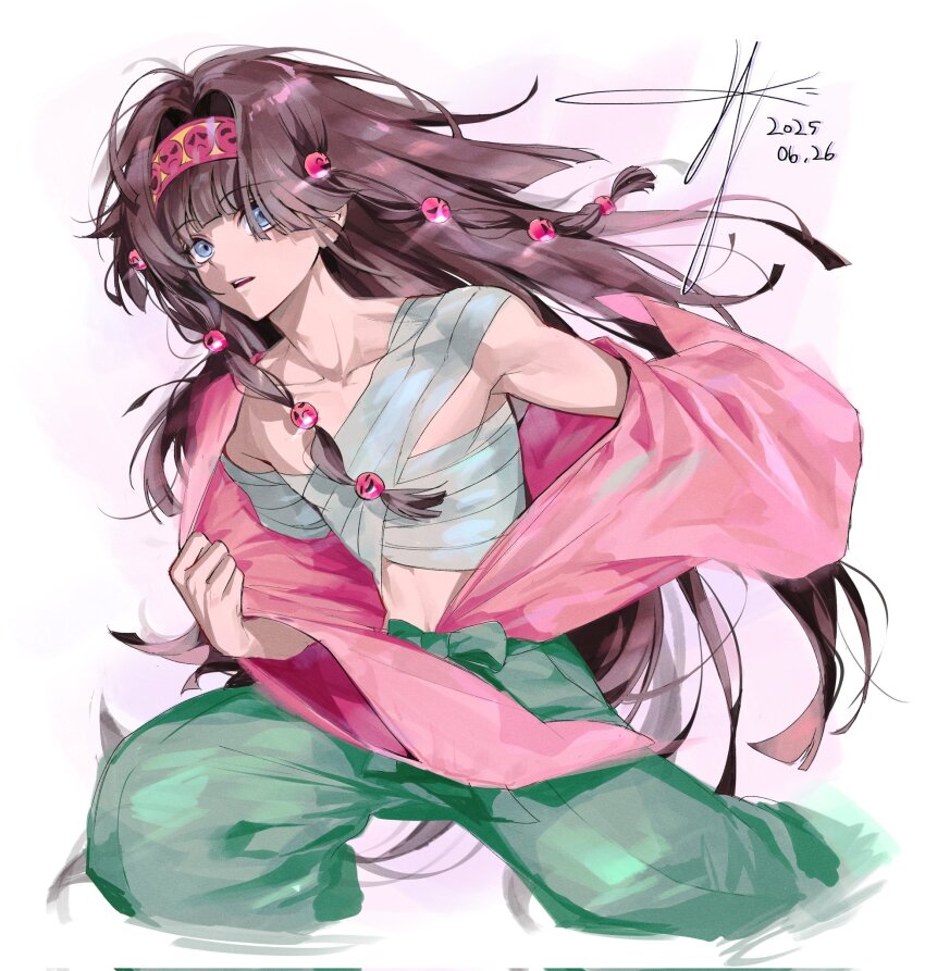 1boy alluka_zoldyck black_hair blue_eyes clothing_request collarbone corrupted_twitter_file dated ek02k0 hair_ornament hairband hashtag-only_commentary highres hunter_x_hunter long_hair male_focus open_mouth signature simple_background solo trap