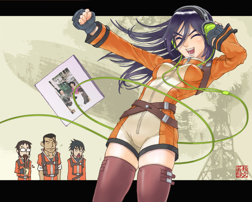 00s 1girl 3boys belt black_hair closed_eyes fingerless_gloves ga-rei ga-rei_zero gloves headphones kanze_tooru kanze_toru kasuga_natsuki kusuno_kudo kusuno_kudou led_zeppelin long_hair multiple_boys presence_(album) shindo_masaki shindou_masaki smile thighhighs zettai_ryouiki