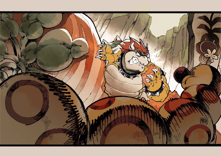 2boys armlet big_nose bowser carrot claws clenched_teeth collar colored_skin dragon_horns eating flower highres horns jewelry mario_&amp;_luigi:_bowser&#039;s_inside_story mario_&amp;_luigi_rpg mario_(series) multiple_boys ngmanhho nintendo orange_hair sharp_teeth signature single_tear spiked_armlet spiked_collar spiked_shell spikes teeth turtle_shell wiggler yellow_skin