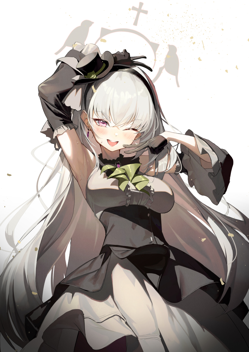 1girl absurdres arm_up armpits ascot black_dress black_gloves black_hat black_sleeves blue_archive blush breasts commentary crossed_bangs dampi detached_sleeves double_v dress frilled_sleeves frills gloves green_ascot grey_dress grey_hair hair_between_eyes hat highres large_breasts long_hair looking_at_viewer official_alternate_costume official_alternate_hairstyle one_eye_closed open_mouth purple_eyes sakurako_(blue_archive) sakurako_(idol)_(blue_archive) simple_background smile solo top_hat two-tone_dress v white_background