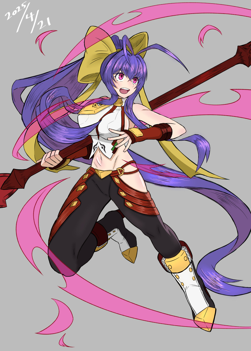 1girl absurdres antenna_hair blazblue blazblue:_central_fiction blazblue_variable_heart blue_hair blush boots bow breasts cho_hakudaku gloves hair_between_eyes hair_bow halterneck highres hip_vent holding holding_weapon large_breasts long_hair mai_natsume midriff navel no_bra pants pink_eyes ponytail red_gloves sideboob sidelocks solo weapon yellow_bow