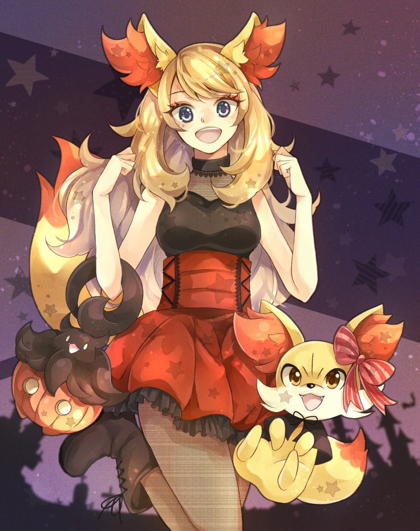 1girl :d bare_arms black_shirt blonde_hair boots brown_footwear clenched_hands commentary cosplay creatures_(company) eyelashes fennekin fennekin_(cosplay) game_freak gen_6_pokemon grey_eyes hands_up high-waist_skirt highres leg_up long_hair looking_at_viewer nintendo open_mouth orange_skirt pantyhose pokemon animal_ears pokemon_tail pokemon_xy pumpkaboo serena_(pokemon) shirt skirt sleeveless sleeveless_shirt smile star_(symbol) star_print symbol-only_commentary tail teeth tongue upper_teeth_only yomogi_(black-elf)