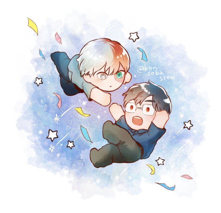 2boys absurdres black_hair black_pants blue_shirt boku_no_hero_academia chibi chibi_only commentary confetti falling full_body glasses green_eyes heterochromia highres iida_tenya konsobastew male_focus multiple_boys open_mouth pants rectangular_eyewear red_eyes red_hair shirt short_hair split_mouth star_(symbol) symbol-only_commentary teeth todoroki_shoto twitter_username upper_teeth_only white_hair