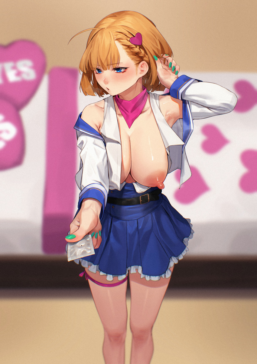 1girl absurdres ahoge armpits averting_eyes bare_shoulders bed beeeeen blue_skirt blush braid braided_bangs breasts broken_condom collarbone commentary_request condom condom_wrapper feet_out_of_frame fingernails griffon_(last_origin) heart heart_print highres holding holding_condom idol_clothes incoming_object indoors jacket large_breasts last_origin leg_ribbon nail_polish nipples official_alternate_costume one_breast_out open_clothes open_jacket open_shirt orange_hair pointy_breasts ribbon sabotaged_condom shirt short_hair skirt sleeveless sleeveless_shirt solo thigh_ribbon white_shirt yes-no_pillow