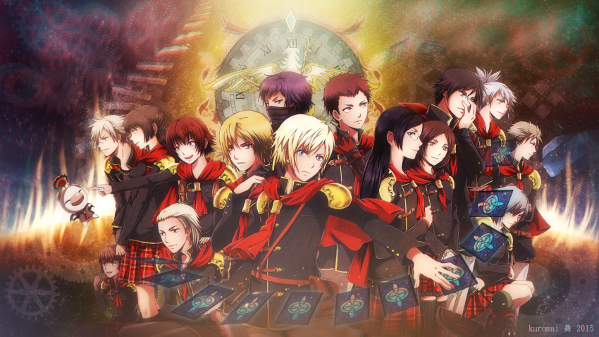 6+boys 6+girls ace_(fft-0) akademeia_uniform black_hair blonde_hair blue_eyes blush bow braid brown_eyes brown_hair cape card cater_(fft-0) cinque_(fft-0) deuce_(fft-0) drill_hair eight_(fft-0) everyone final_fantasy final_fantasy_type-0 fingerless_gloves flute glasses gloves green_eyes gun hair_over_one_eye handgun highres holding holding_gun holding_polearm holding_spear holding_sword holding_weapon instrument jack_(fft-0) jacket katana king_(fft-0) kunagiri_machina kuromai long_hair looking_at_viewer multiple_boys multiple_girls nine_(fft-0) open_mouth pistol plaid_clothes plaid_skirt pleated_skirt polearm ponytail purple_eyes purple_hair queen_(fft-0) red_cape red_eyes red_hair scar scarf school_uniform scythe seven_(fft-0) short_hair sice_(fft-0) skirt smile spear sword thighhighs tokimiya_rem trey_(fft-0) weapon whip white_hair zettai_ryouiki