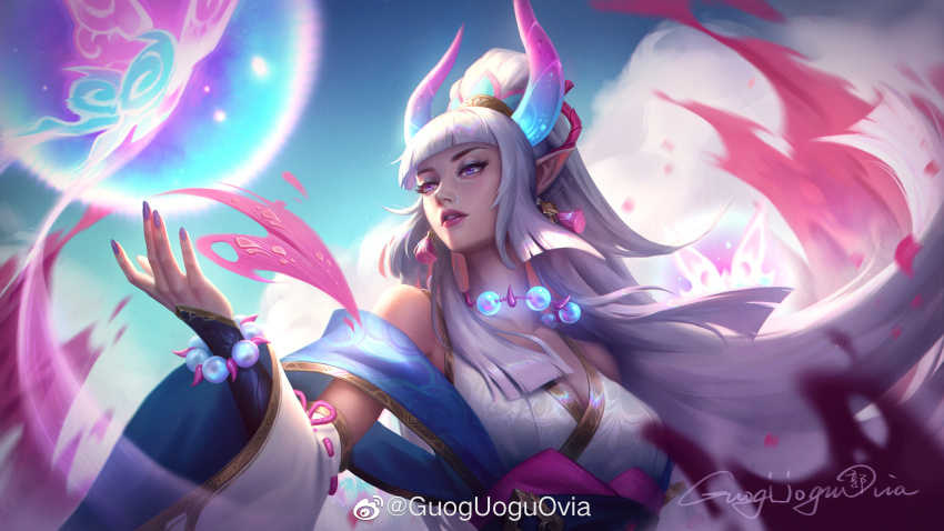 1girl absurdres artist_name blue_eyes blue_sky blunt_bangs breasts bug butterfly chinese_commentary cleavage earrings energy_ball expressionless eyeshadow falling_petals guoguoguovia highres horns insect jewelry large_breasts league_of_legends long_hair looking_ahead magic makeup official_alternate_costume official_alternate_hairstyle outdoors parted_lips petals pointy_ears signature sky solo spirit_blossom_(league_of_legends) spirit_blossom_syndra syndra upper_body white_hair