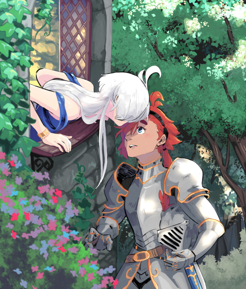 2girls alternate_universe antenna_hair aqua_eyes arm_support armor belt black_headband blue_dress blue_flower bracelet breastplate building bush commentary couter dappled_sunlight day dress english_commentary eye_contact faulds female_knight flower forest full_armor gauntlets gold_bracelet gold_trim gorget grey_armor gundam gundam_suisei_no_majo hand_on_window headband helmet highres holding holding_helmet imminent_kiss ivy jewelry kisexey knight lattice leaning_forward looking_at_another low_ponytail medieval medium_hair miorine_rembran multiple_girls nature off-shoulder_dress off_shoulder outdoors parted_lips pauldrons plate_armor plume ponytail purple_flower red_flower red_hair rerebrace scabbard sheath short_hair_with_long_locks shoulder_armor stone_wall suletta_mercury sunlight teeth through_window tree upper_teeth_only vambraces white_hair window yuri