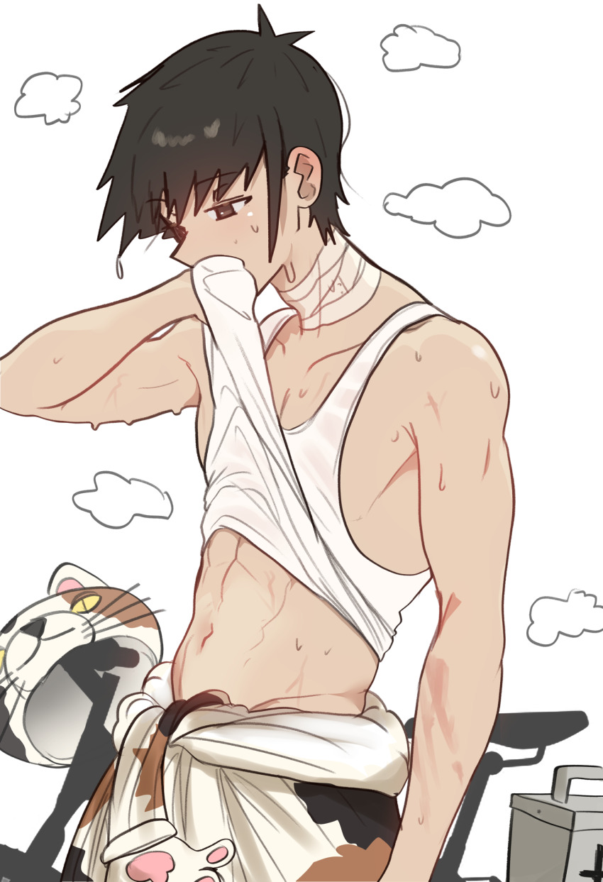 1boy abs animal_costume bandaged_neck bandages black_eyes black_hair cat clothes_around_waist clothes_lift ebora fate/grand_order fate_(series) highres jacket mahou_tsukai_no_yoru male_focus shirt_lift shizuki_soujuurou short_hair sweat tank_top toned toned_male unworn_headwear white_background white_tank_top wiping_sweat